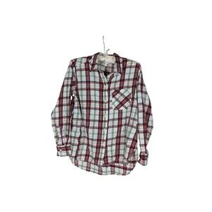 Time & Tru Shirt S Women's White Red Plaid Button Down Long Sleeve Classic